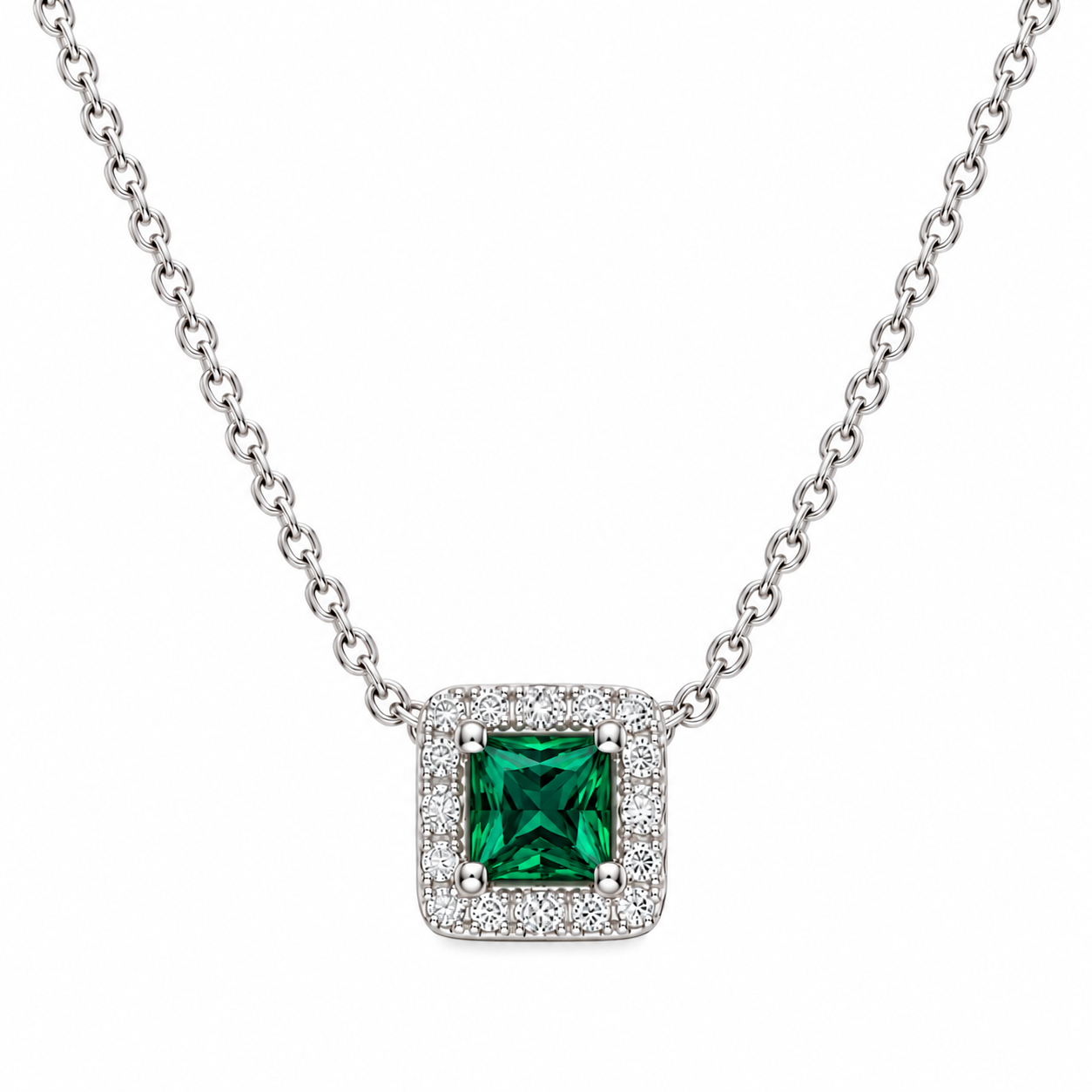 Emerald Cushion Halo Necklace