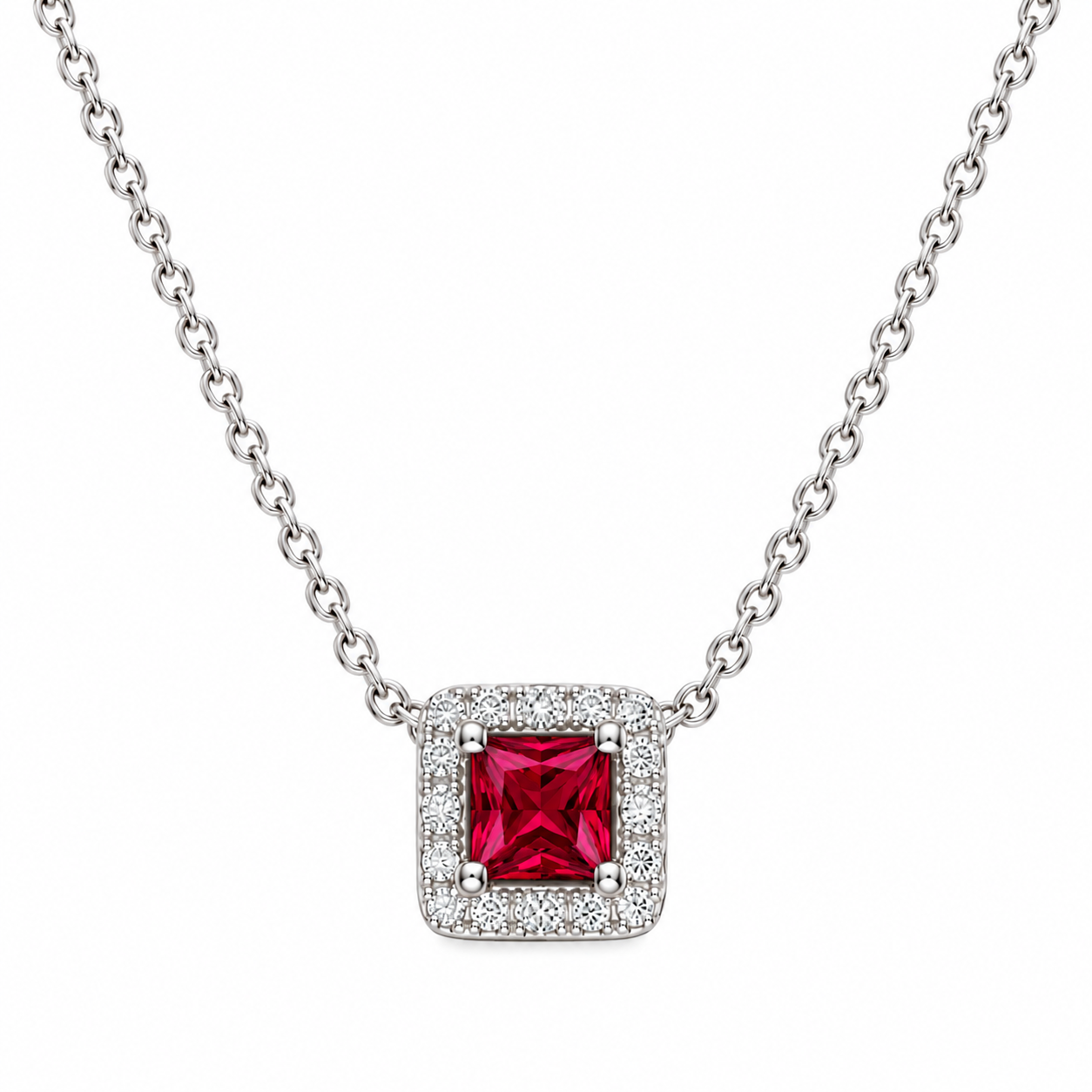 Ruby Square Halo Necklace