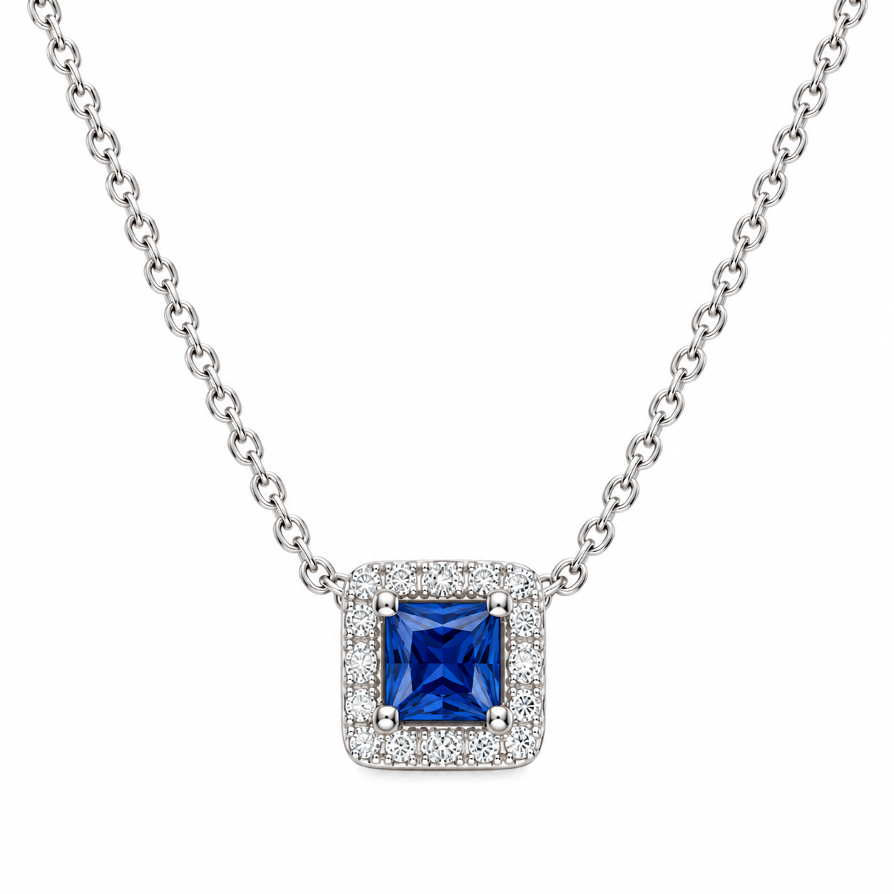 Sapphire Square Halo Pendant Necklace